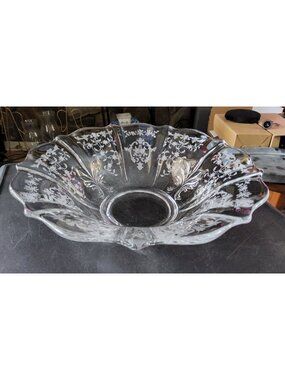 Vintage Fostoria Chintz Etched Glass Flared Scalloped Edge Floral Pattern bowl.